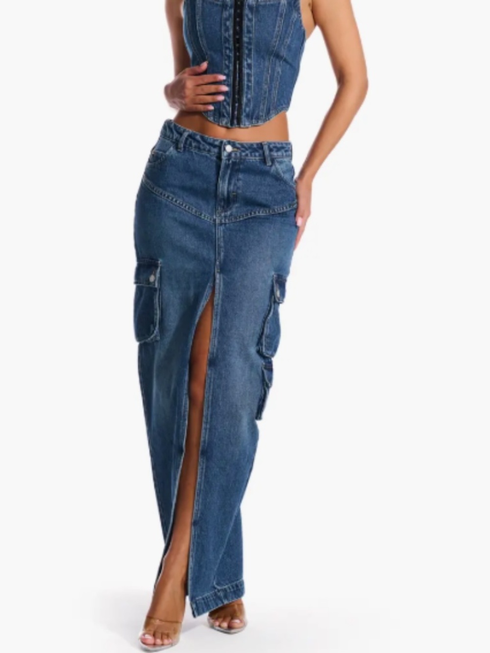 NAKED WARDROBE Sexy CHic Music Festival Cargo Denim Y2K Maxi Skirt - Picture 2 of 4